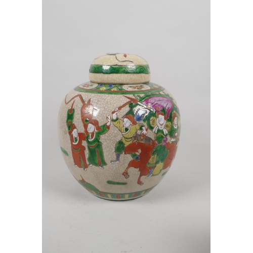 65 - An early C20th Chinese polychrome porcelain ginger jar, a crackleware ginger jar and a smaller famil... 