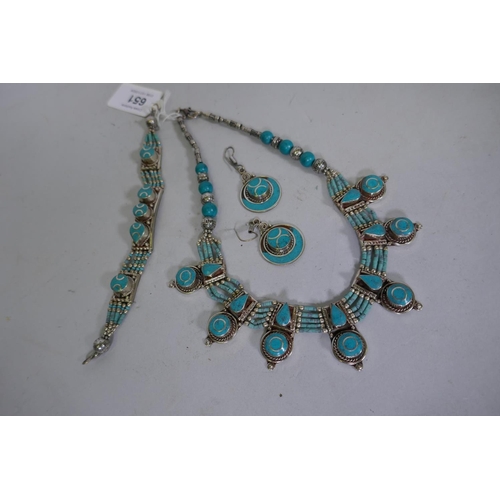 651 - A Tibetan white metal and turquoise necklace, bracelet and earrings set