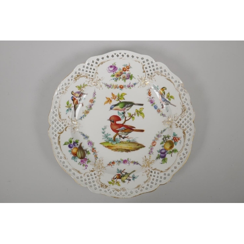 7 - A C19th Berlin porcelain cabinet plate with pierced rim and hand painted exotic bird decoration (chi... 