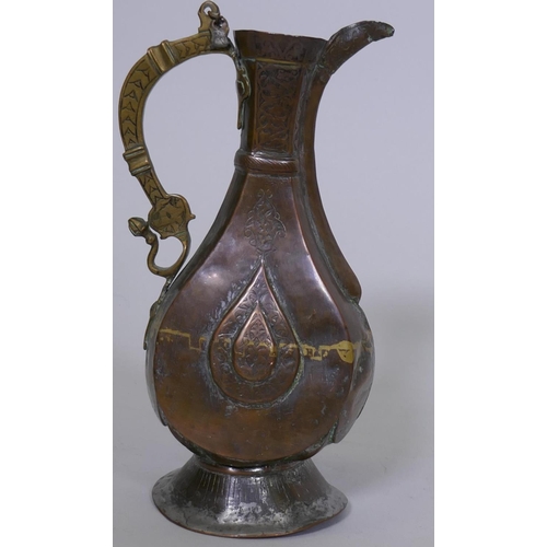 74 - A Middle Eastern copper and mixed metal ewer/jug with Islamic boteh decoration, 21cm high