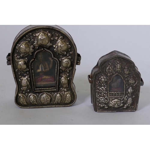 80 - A Tibetan copper and white metal gau prayer box, 13cm high, and another smaller