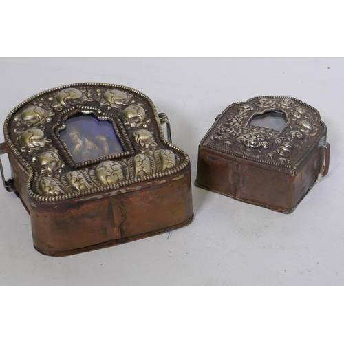 80 - A Tibetan copper and white metal gau prayer box, 13cm high, and another smaller