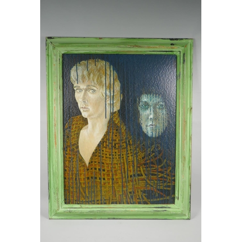 802 - Surrealist portrait, monogramed JA, signed verso J. Armstrong, (British, 1893-1973), oil and mixed m... 