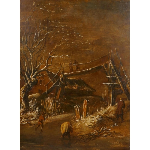 808 - An antique Dutch school, winter scene with figures gathering wood by a bridge, oil on oak panel in m... 