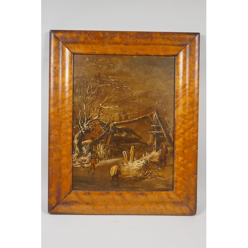 808 - An antique Dutch school, winter scene with figures gathering wood by a bridge, oil on oak panel in m... 