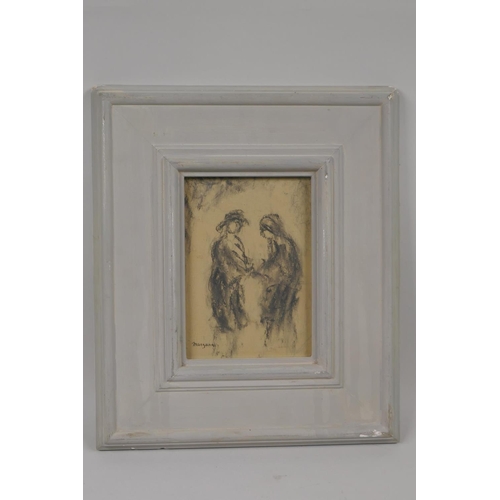 822 - Study of two figures greeting, signed Manzana, charcoal drawing, 17 x 12cm