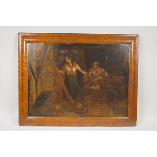 824 - Gustave Mascart, interior scene with two figures, C19th oil on canvas, signed twice, in maplewood fr... 