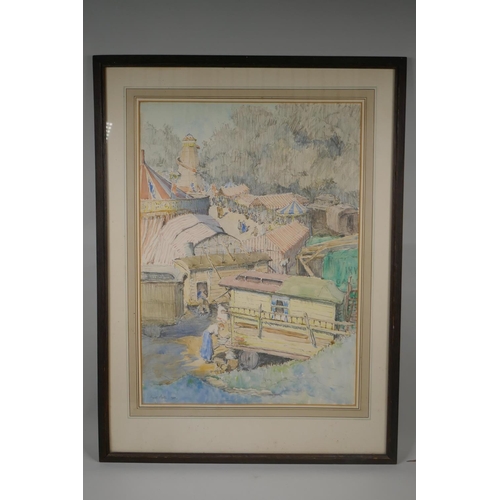 825 - Maxwell Ayrton, the village fair, dated 1934, signed watercolour and pencil, 53 x 38cm