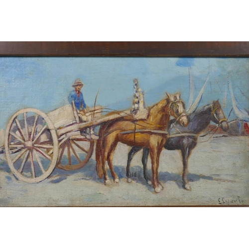 832 - Maltese School, figure with horse drawn cart on a quayside, signed E. Esposito, oil on canvas laid o... 