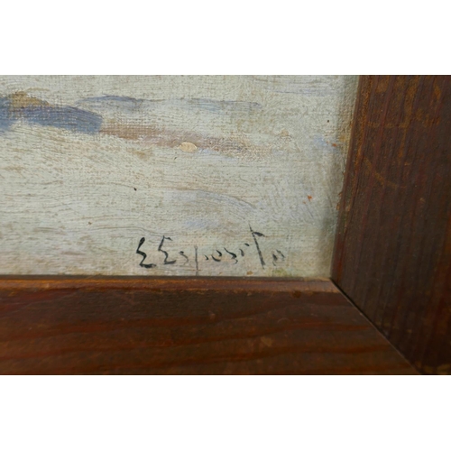 832 - Maltese School, figure with horse drawn cart on a quayside, signed E. Esposito, oil on canvas laid o... 