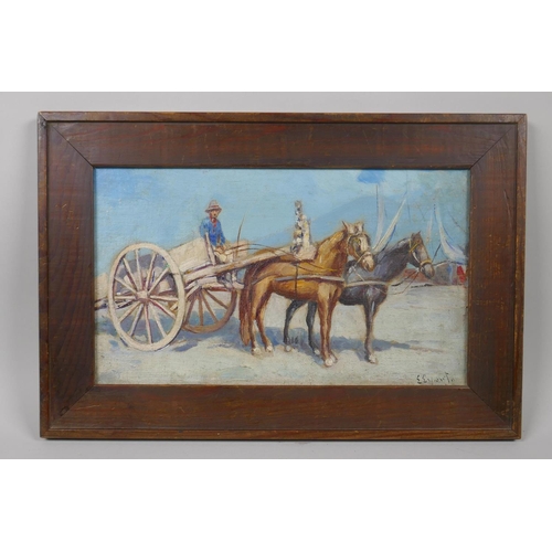 832 - Maltese School, figure with horse drawn cart on a quayside, signed E. Esposito, oil on canvas laid o... 