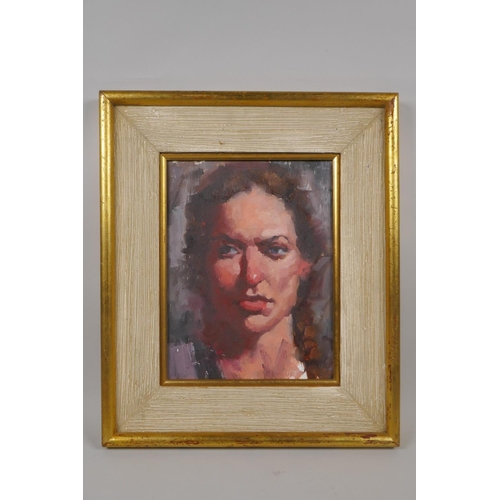 837 - In the manner of R. Lenkiewicz, head study of a young lady, oil on board, and another portrait verso... 