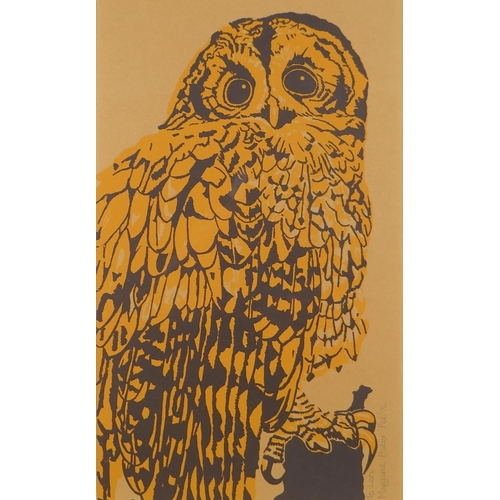 838 - Margaret Baber, C20th, owl, screen print, pencil signature and dedication, dated 74, 17 x 29cm