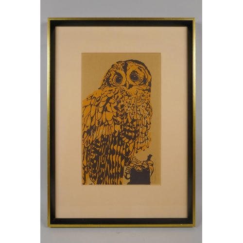 838 - Margaret Baber, C20th, owl, screen print, pencil signature and dedication, dated 74, 17 x 29cm