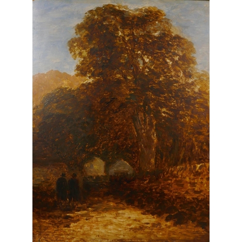 839 - In the manner of Theodore Rousseau, an early C19th study of two figures by a wooded path, oil on oak... 