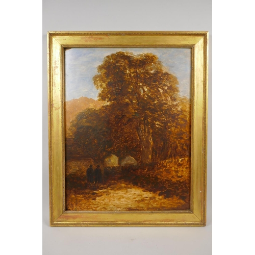 839 - In the manner of Theodore Rousseau, an early C19th study of two figures by a wooded path, oil on oak... 