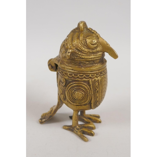 84 - An Indian brass Dhokra owl box and an antique Indian bronze figure of a lady, 12cm high