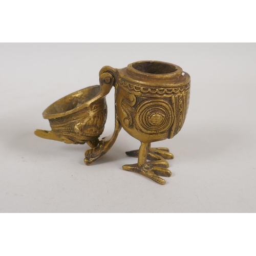 84 - An Indian brass Dhokra owl box and an antique Indian bronze figure of a lady, 12cm high