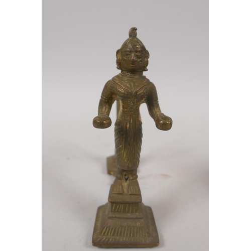 84 - An Indian brass Dhokra owl box and an antique Indian bronze figure of a lady, 12cm high