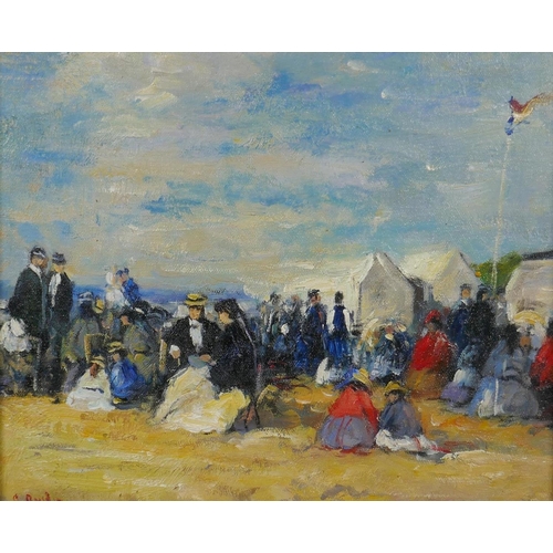 840 - In the manner of Boudin, French impressionist beach scene, oil on canvas, 31 x 26cm