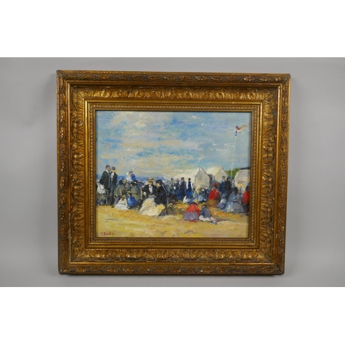 840 - In the manner of Boudin, French impressionist beach scene, oil on canvas, 31 x 26cm