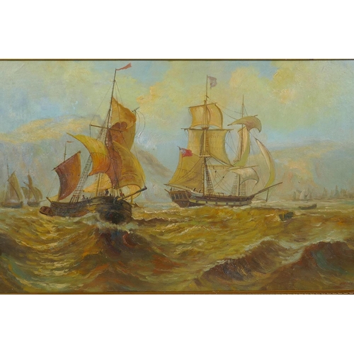 842 - Shipping on choppy seas, indistinctly signed, oil on canvas board, 60 x 37cm