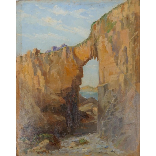 843 - Adrian Stokes, coastal view, Sark, artist's label verso, unframed, oil on panel, 25.5 x 20cm