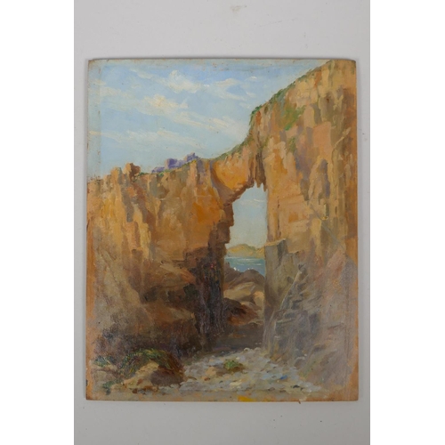 843 - Adrian Stokes, coastal view, Sark, artist's label verso, unframed, oil on panel, 25.5 x 20cm