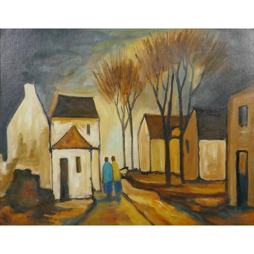 846 - Irish school, landscape with figures on a village street, oil on canvas laid on board, 50 x 40cm