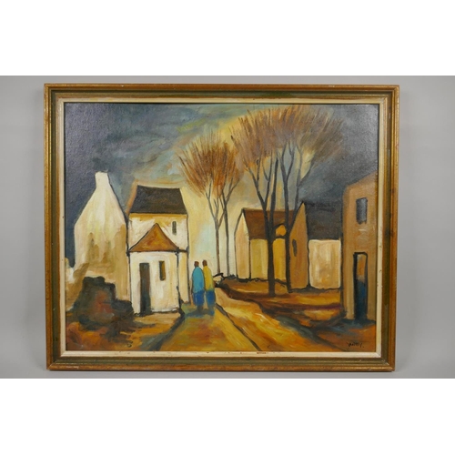 846 - Irish school, landscape with figures on a village street, oil on canvas laid on board, 50 x 40cm