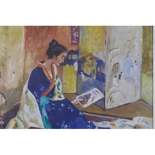 850 - Interior scene with woman in a kimono, signed N. Mackenzie, 1978, oil on board, 65 x 65cm