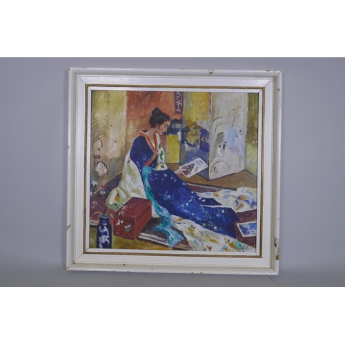 850 - Interior scene with woman in a kimono, signed N. Mackenzie, 1978, oil on board, 65 x 65cm