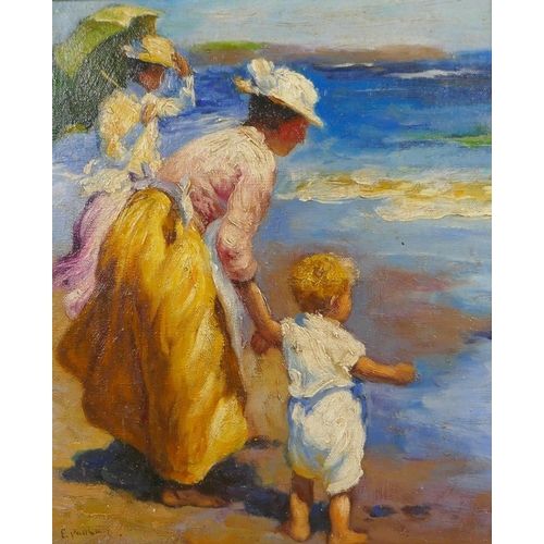 852 - A French impressionist beach scene, indistinctly signed, oil on canvas board, 25 x 30cm