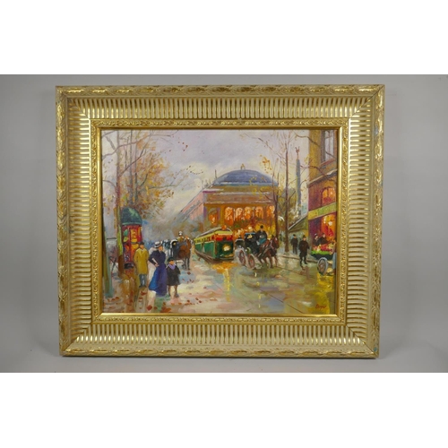 854 - French impressionist Parisian street scene, oil on canvas board, 46 x 36cm