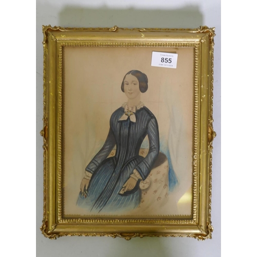 855 - C19th naive portrait of a young woman, unsigned, watercolour, 20 x 26cm