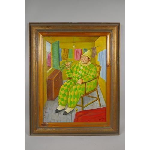 858 - After Fernando Botero, (Colombian, 1932-2023), clown in his trailer, oil on canvas board, 29 x 39cm