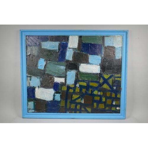 859 - Post war abstract in blue, indistinctly signed, impasto oil on board, 64 x 52cm