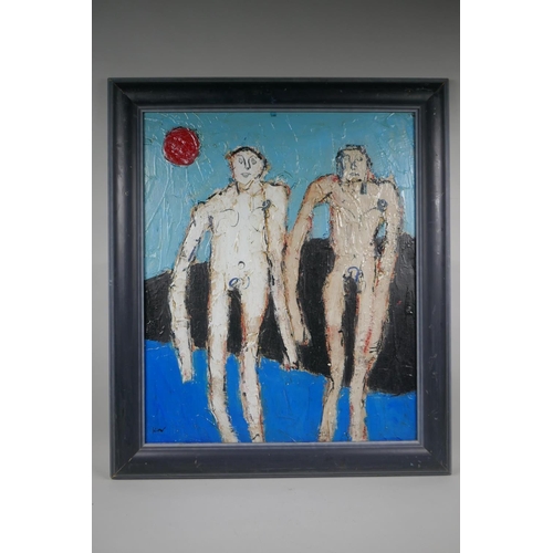 860 - In the manner of Keith Vaughan, (British, 1912-1977), two male nudes, oil on canvas, 50 x 60cm