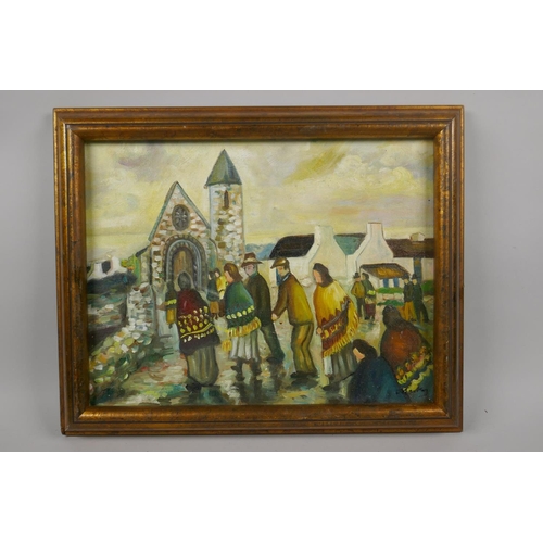 862 - Irish school, church goers, indistinctly signed, oil on canvas laid on board, 32 x 25cm