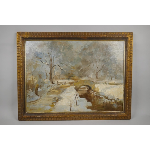 863 - British impressionist snow covered rural landscape, signed Wesson, oil on board, 49 x 36cm