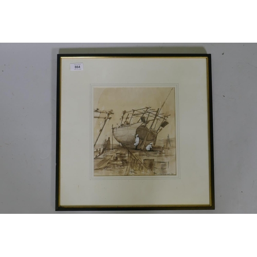 864 - Arab dhow on the shore, pencil and wash, signed indistinctly and dated (19)79, 24 x 25cm