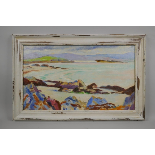 865 - Scottish school, Iona landscape, indistinctly initialled, oil on canvas laid on board, 50 x 30cm