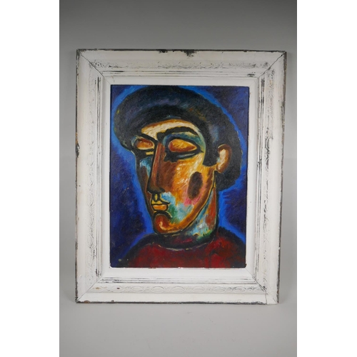 866 - A Russian expressionist portrait of a man, indistinctly signed, oil on canvas board, 37 x 50cm