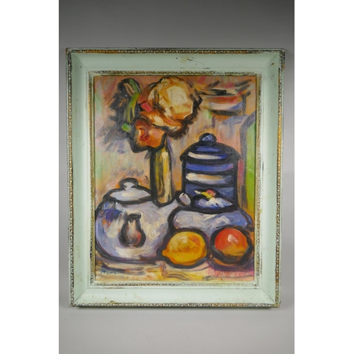 869 - Scottish colourist still life with flowers, fruit and teapot, oil on canvas laid on board, 47 x 60cm