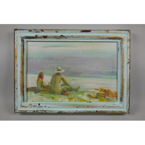 876 - Figures on a beach, signed Dunlop, oil on canvas board, 35 x 23cm