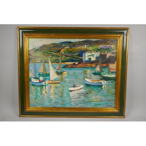 877 - St Ives School, boats at sea, signed J.A. Park, oil on canvas laid on board, 50 x 39cm