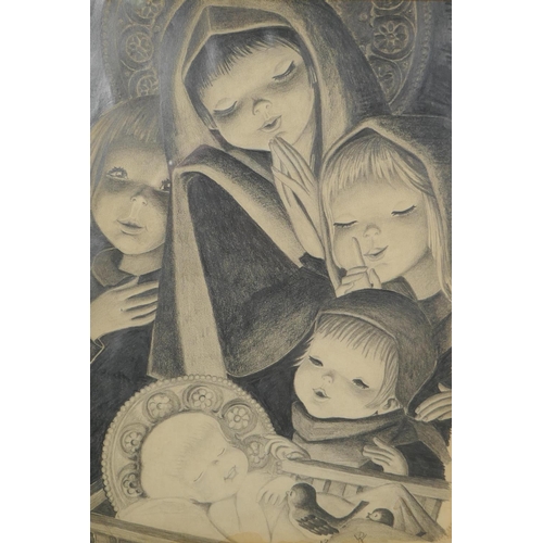 879 - A musical recital, Victorian monochrome watercolour,  stylised Christmas nativity scene in penc... 