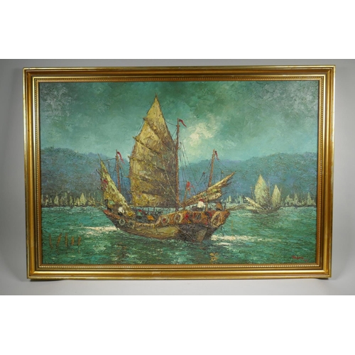 881 - Chinese junks off the coast, signed Thorne, dated 77,  impasto oil on canvas, 92 x 61cm