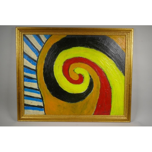 882 - Abstract spiral, signed Calder, oil on board, 67 x 53cm