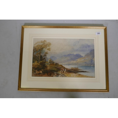 909 - R.P. Bonnington, coastal landscape with fisherfolk, signed, watercolour, 43 x 27cm